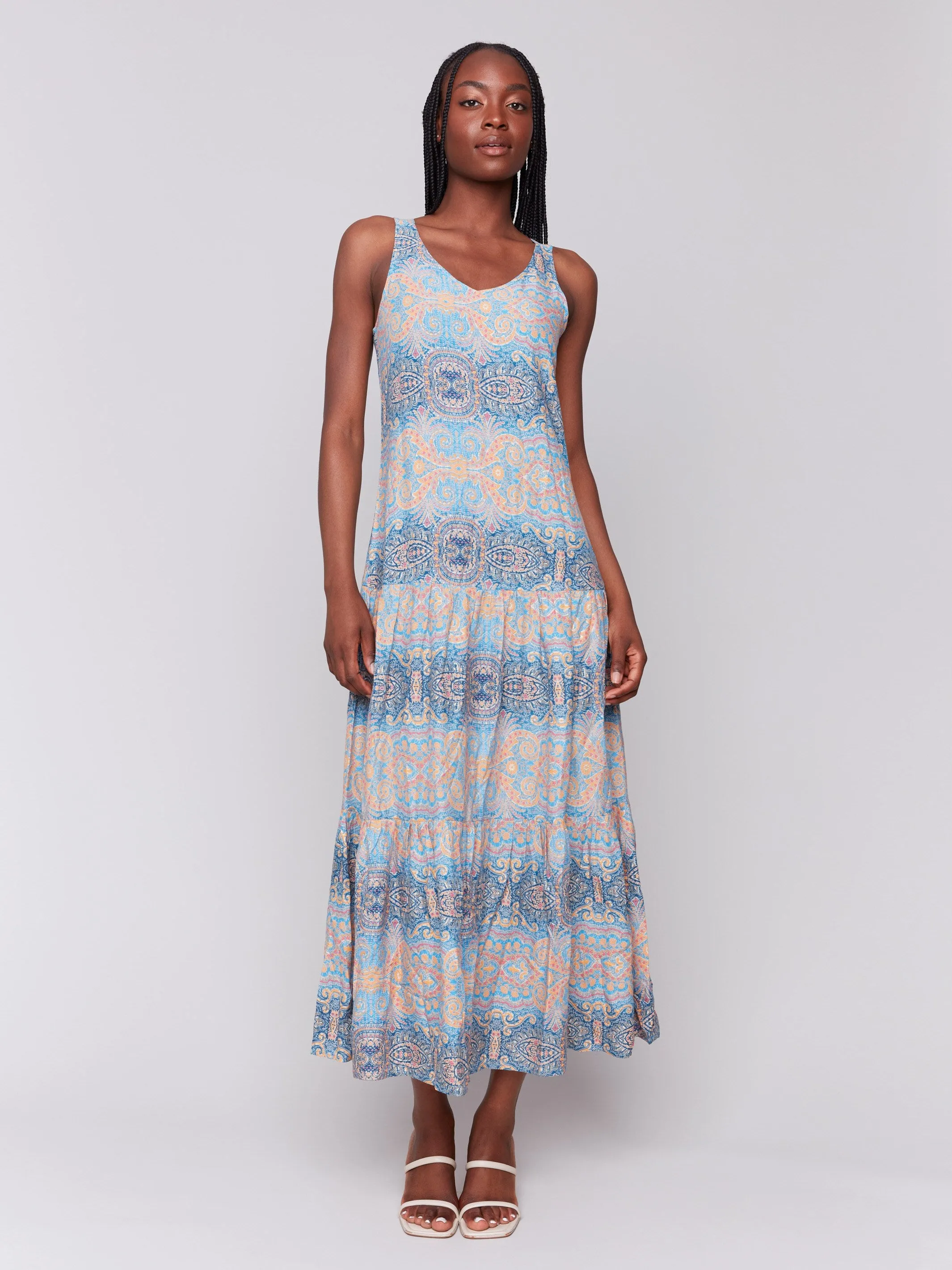 Printed Rayon Tiered Maxi Dress - Papaya
