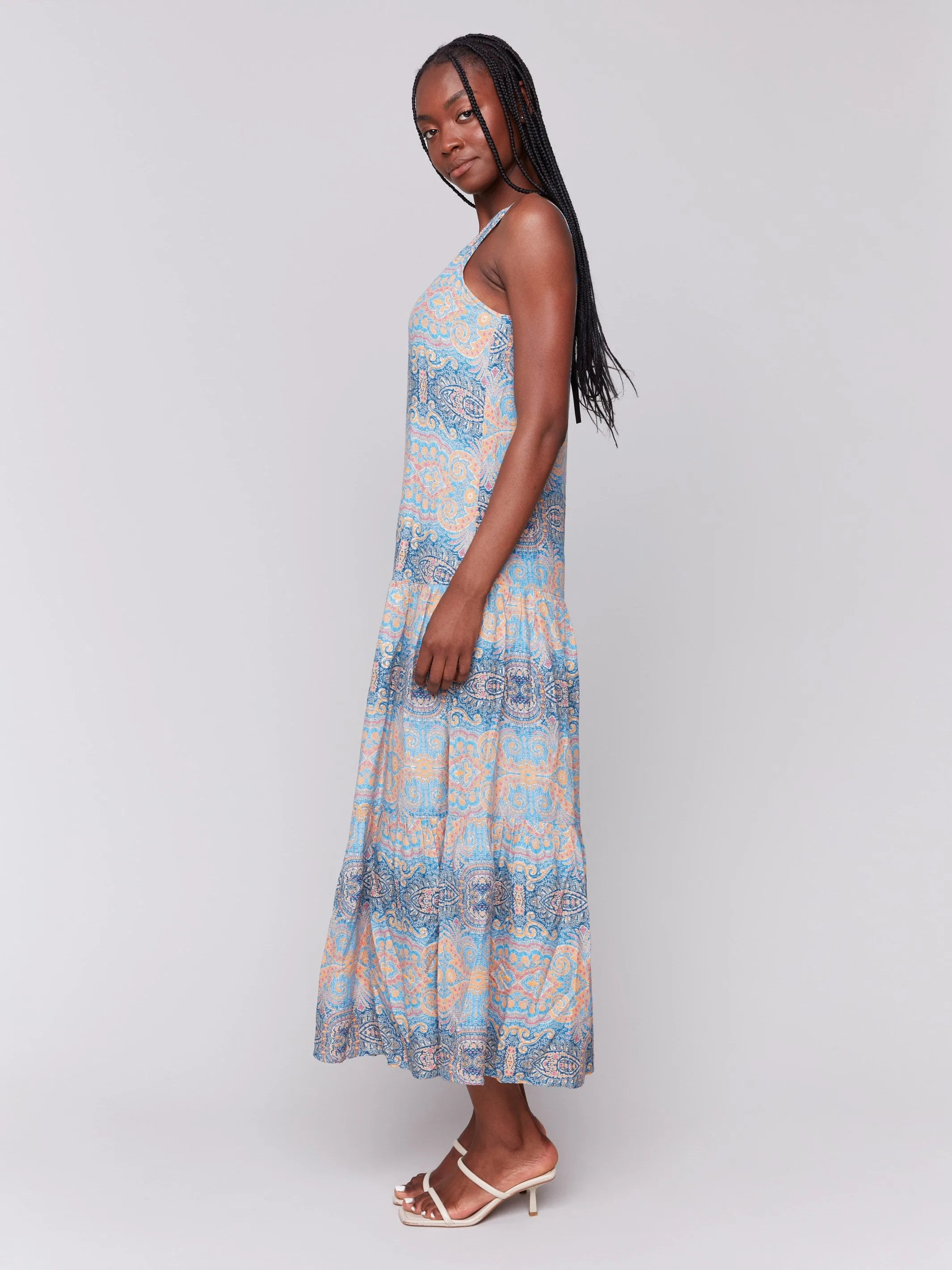 Printed Rayon Tiered Maxi Dress - Papaya