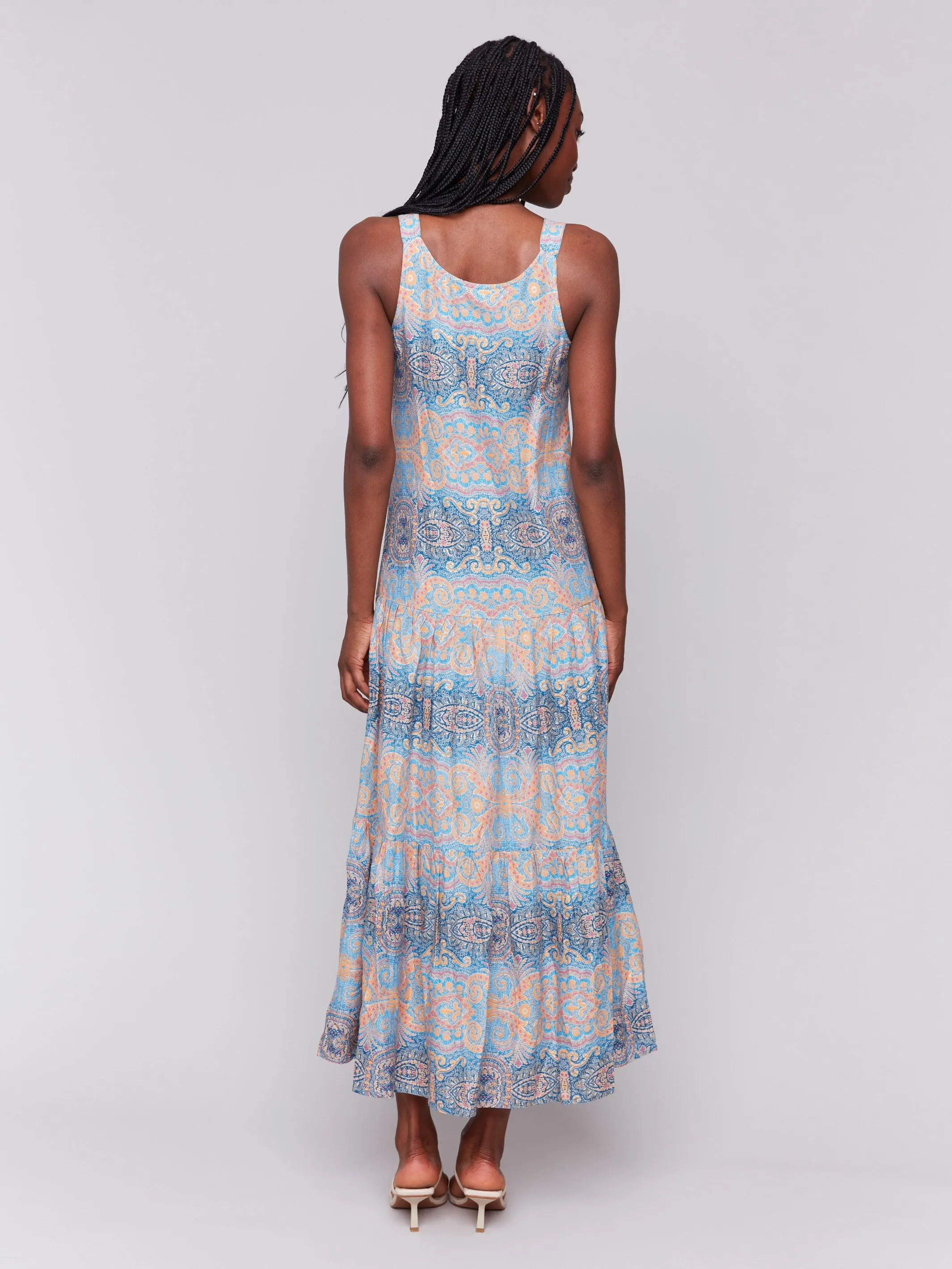 Printed Rayon Tiered Maxi Dress - Papaya