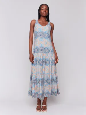 Printed Rayon Tiered Maxi Dress - Papaya