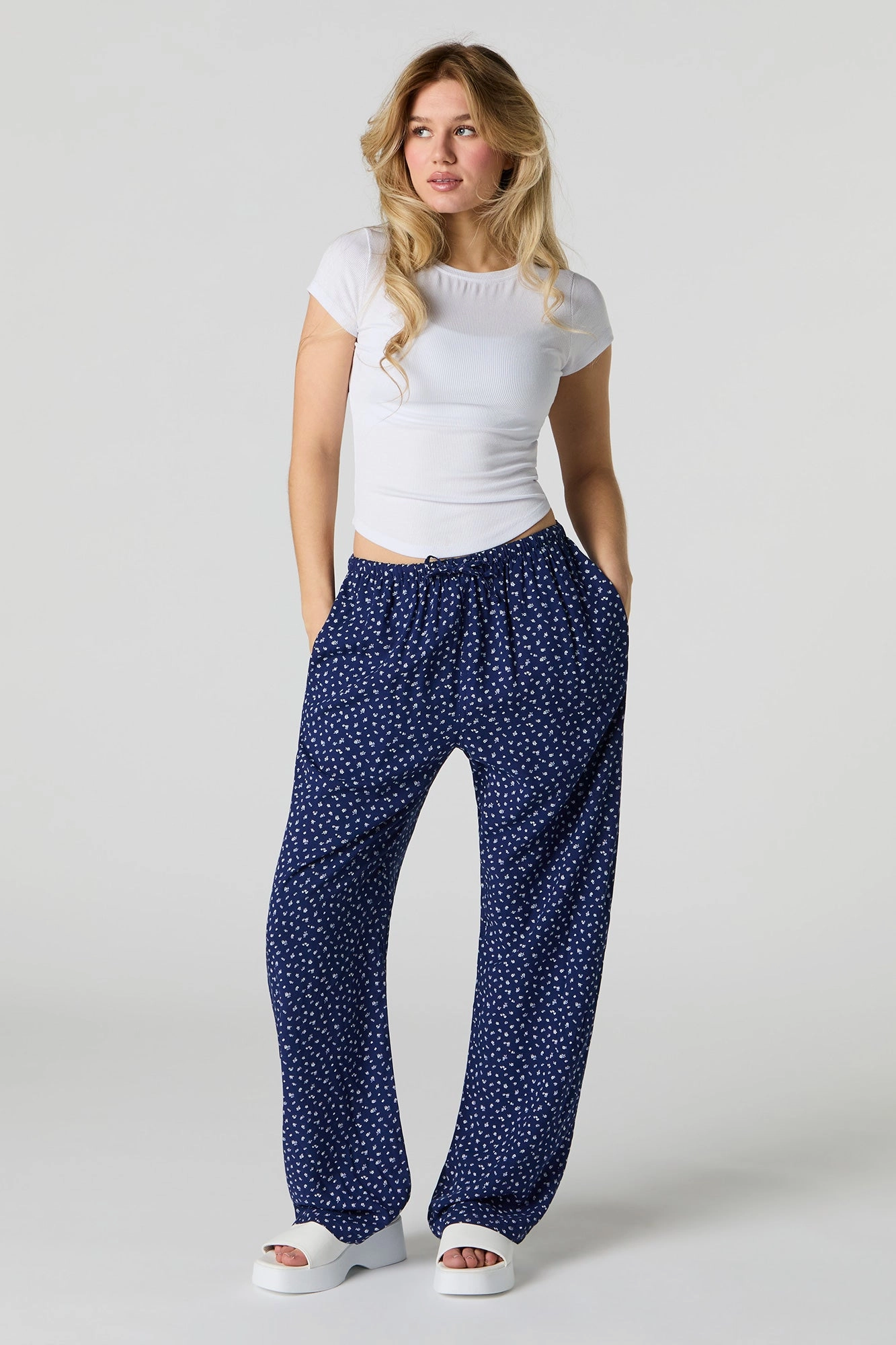 Printed Drawstring Wide Leg Pant