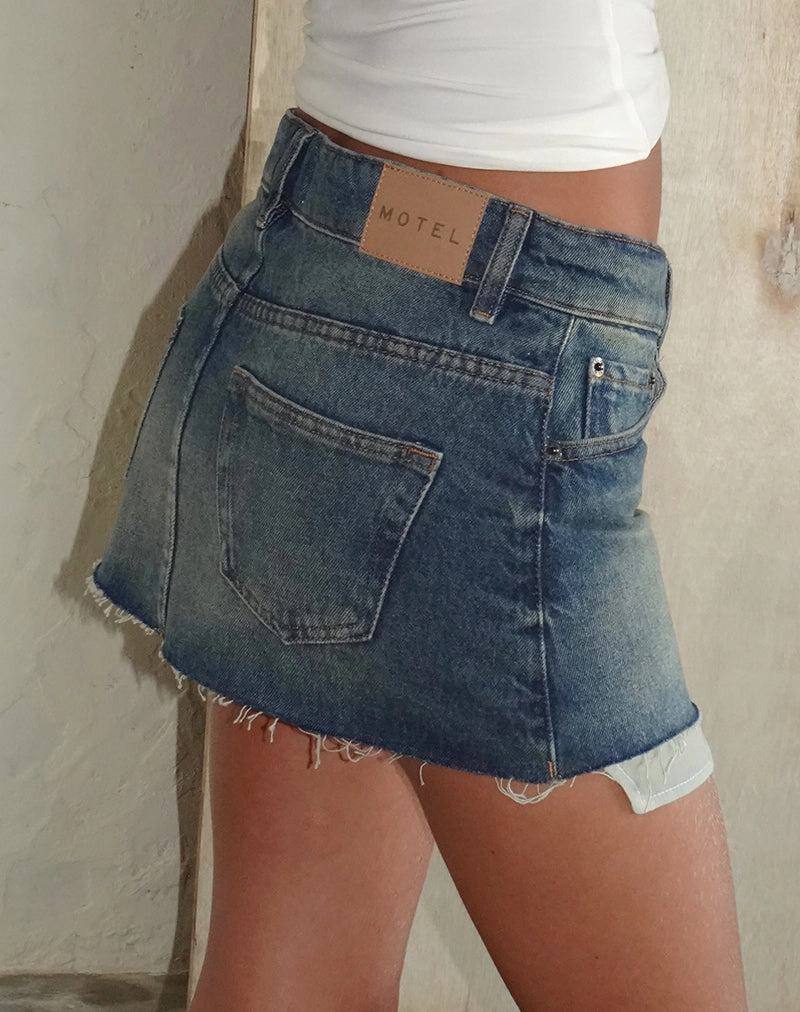 Raw Mini Skirt in Steel Blue with Pockets
