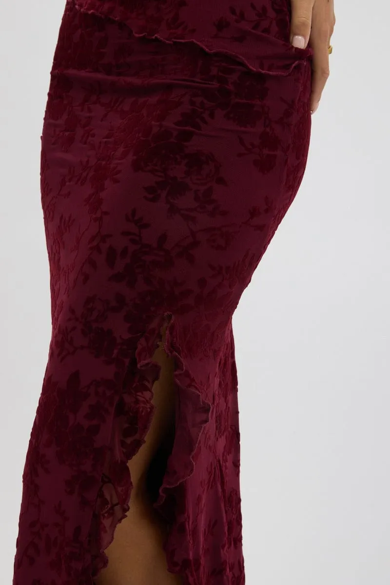 Red Maxi Skirt High Rise Ruffle Frill Hem Burnout