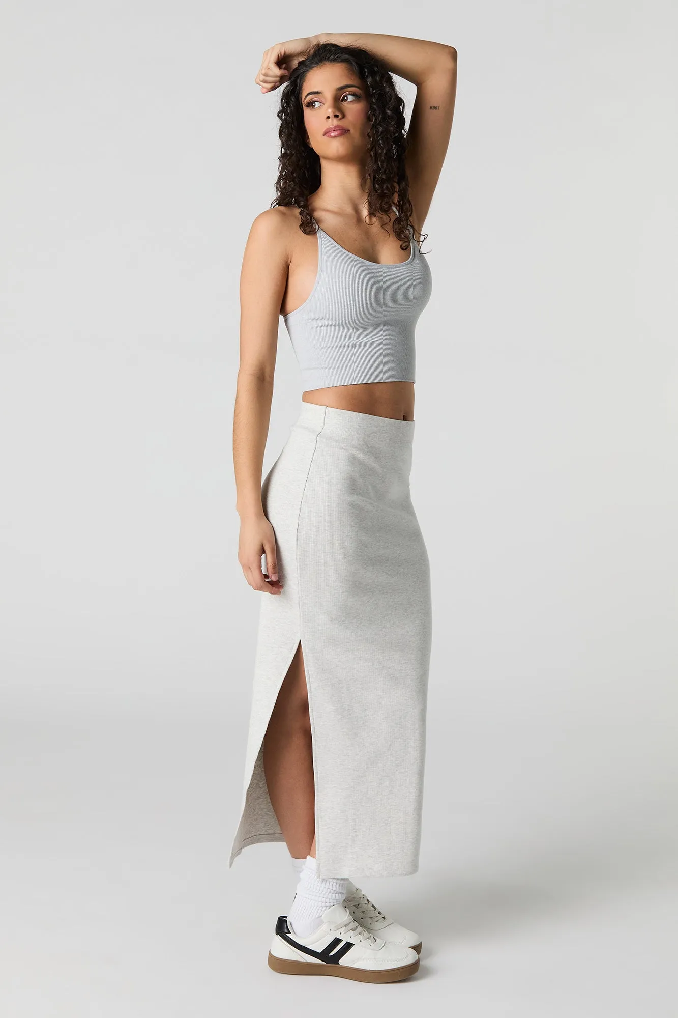Ribbed Slit Bodycon Midi Skirt