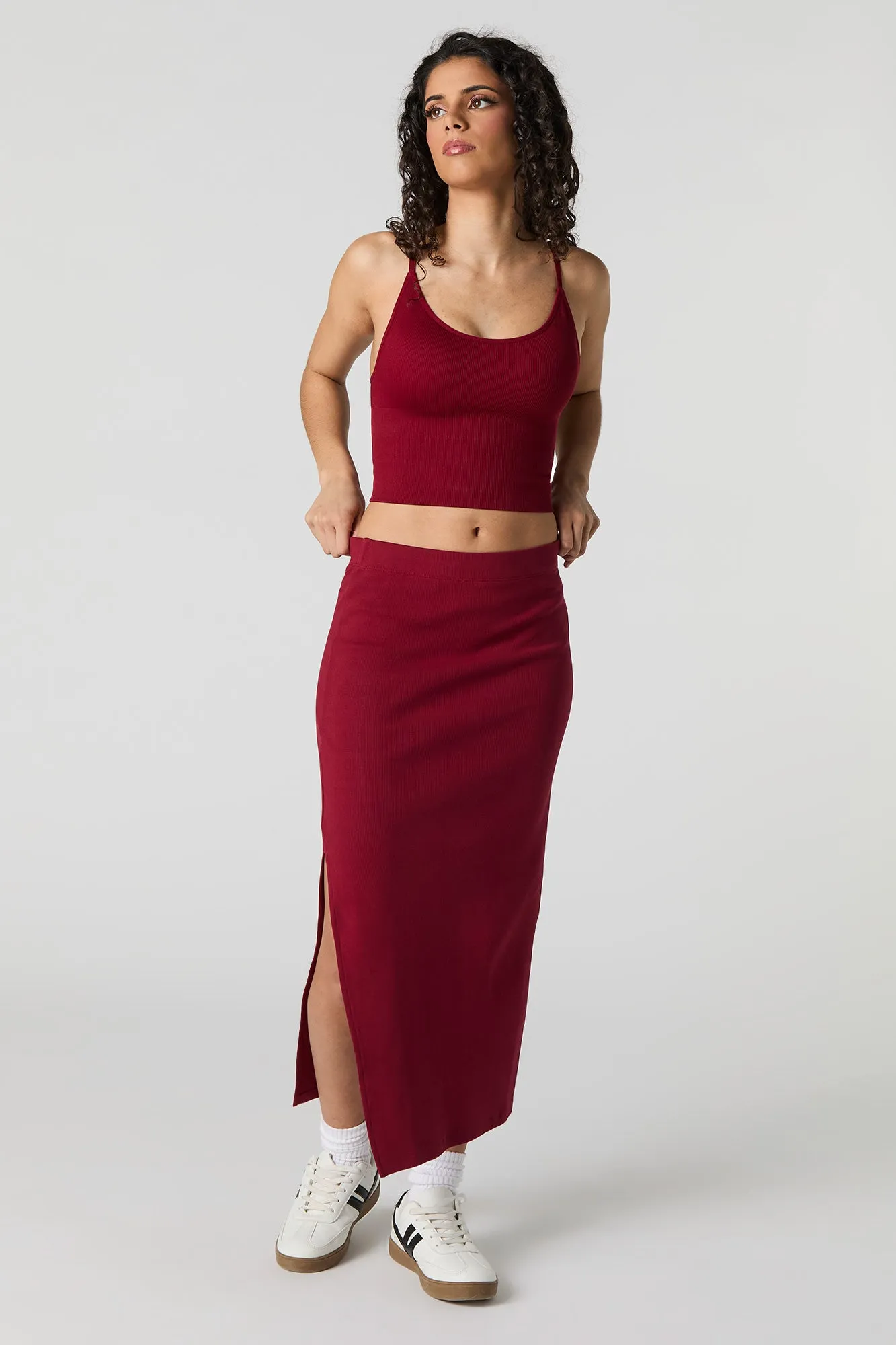 Ribbed Slit Bodycon Midi Skirt