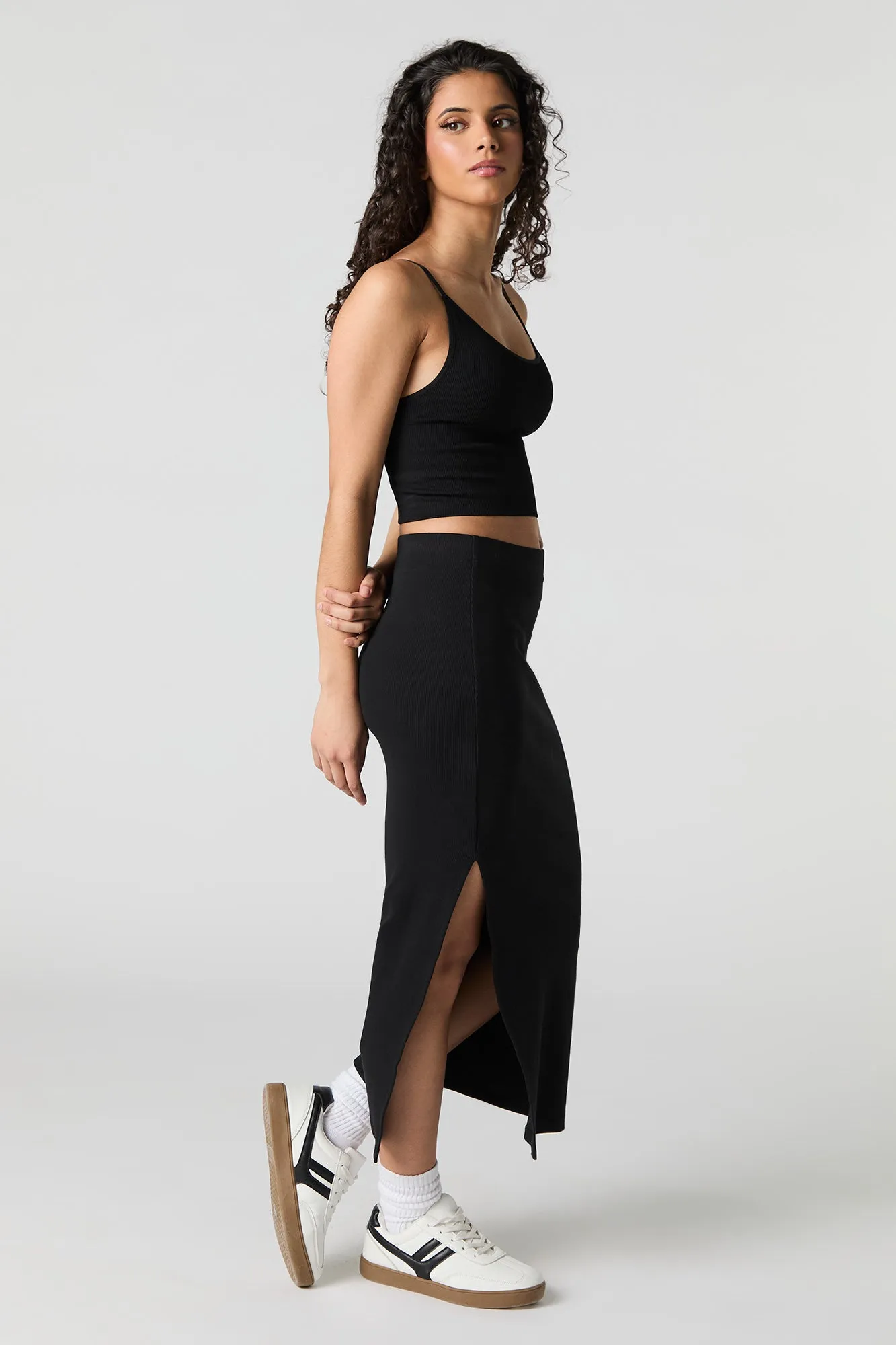 Ribbed Slit Bodycon Midi Skirt
