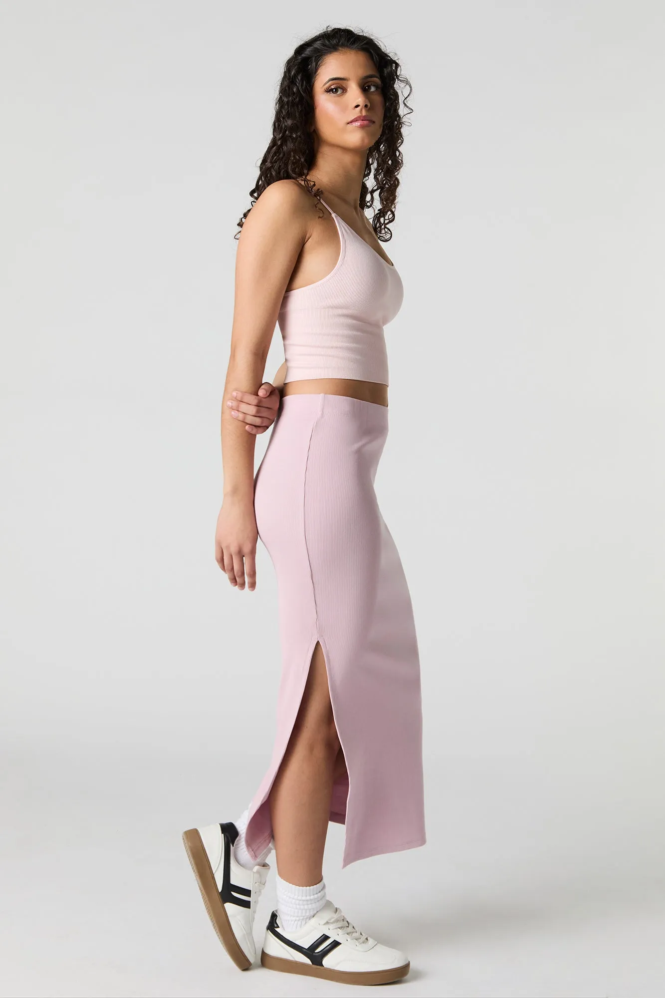Ribbed Slit Bodycon Midi Skirt