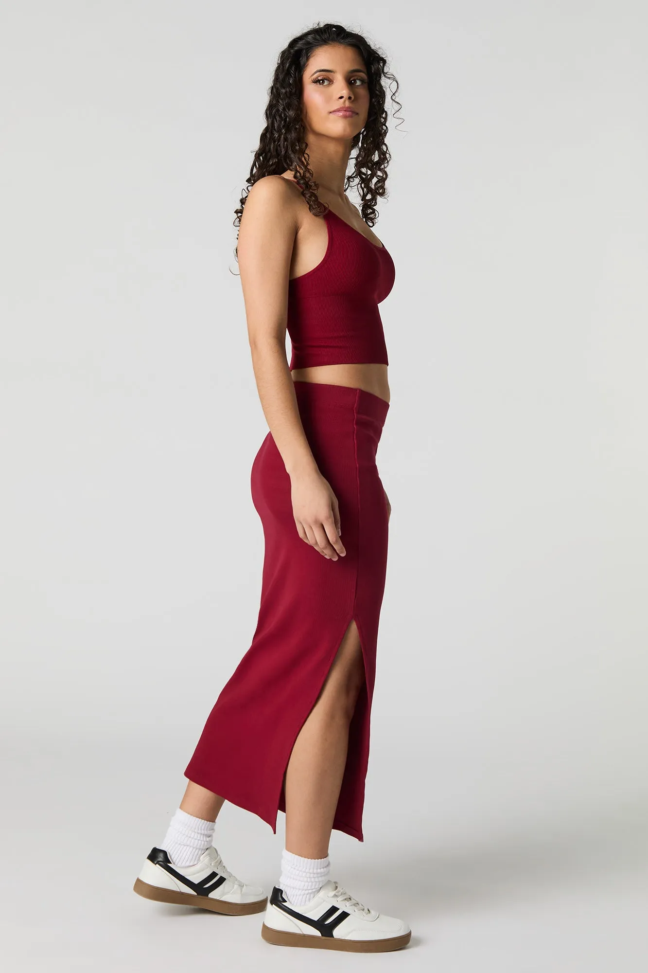 Ribbed Slit Bodycon Midi Skirt
