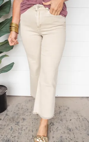 Sand Beige Wash High Rise Fray Hem Denim Jeans - Final Sale
