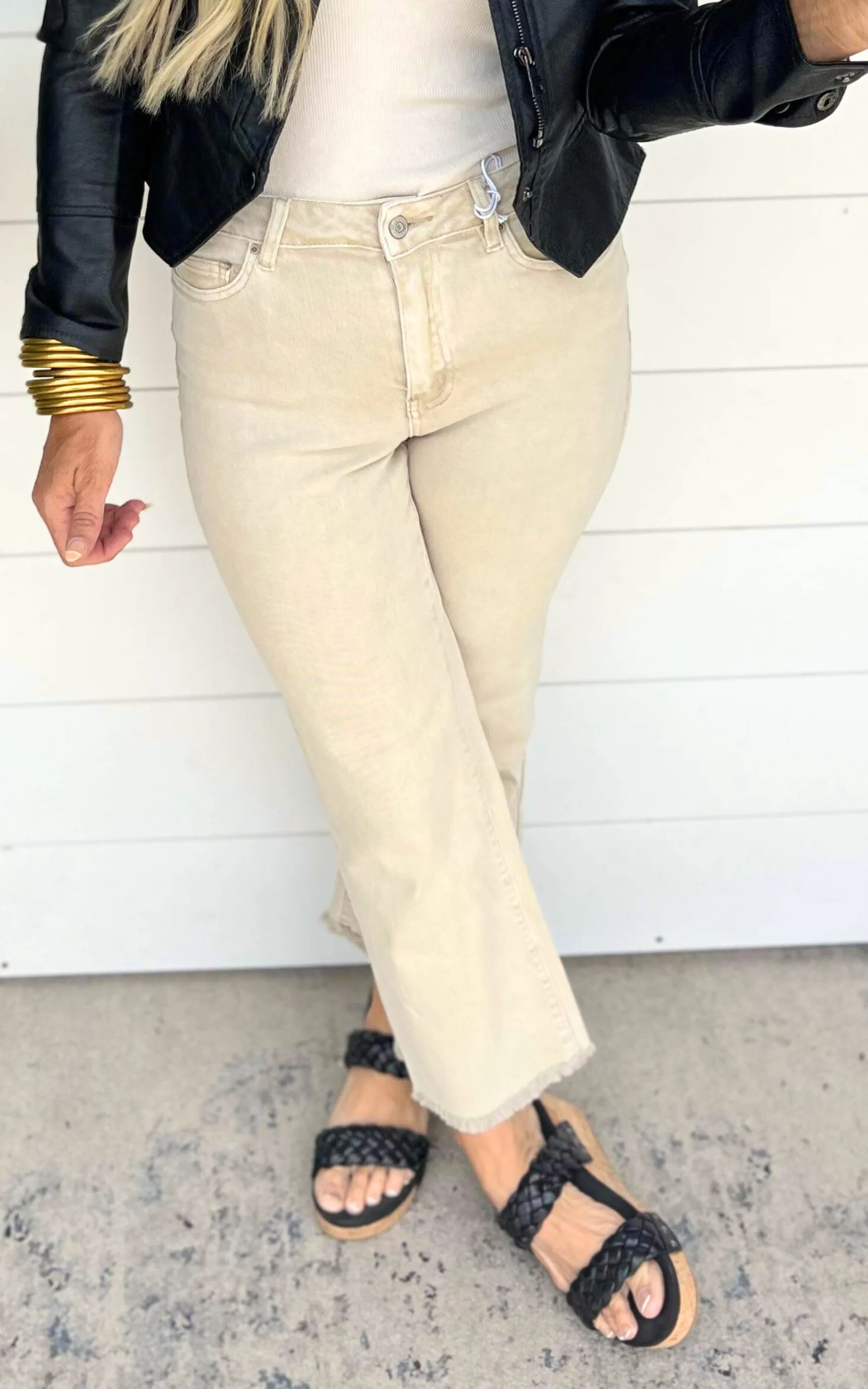 Sand Beige Wash High Rise Fray Hem Denim Jeans - Final Sale