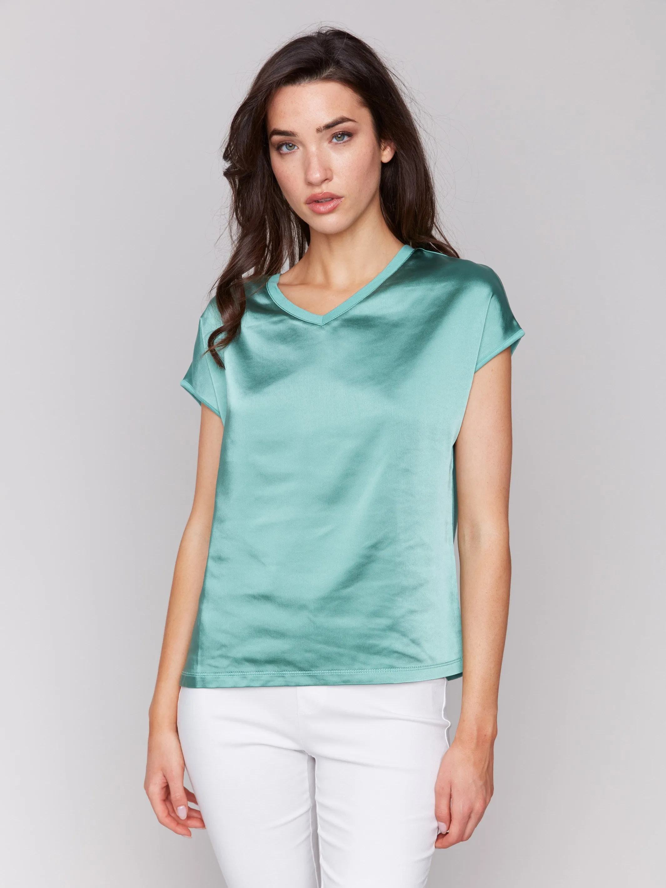 Satin V-Neck Knit Top - Lilypad