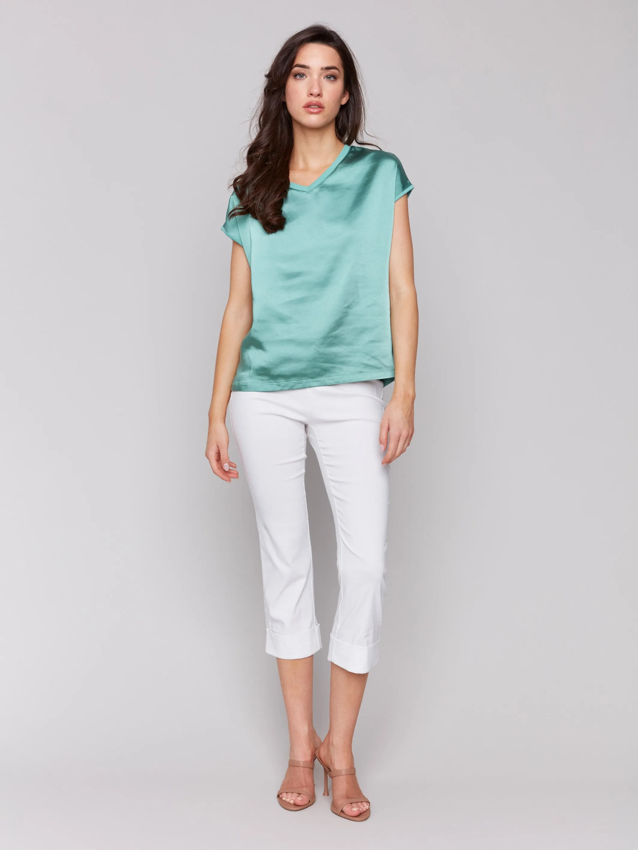 Satin V-Neck Knit Top - Lilypad