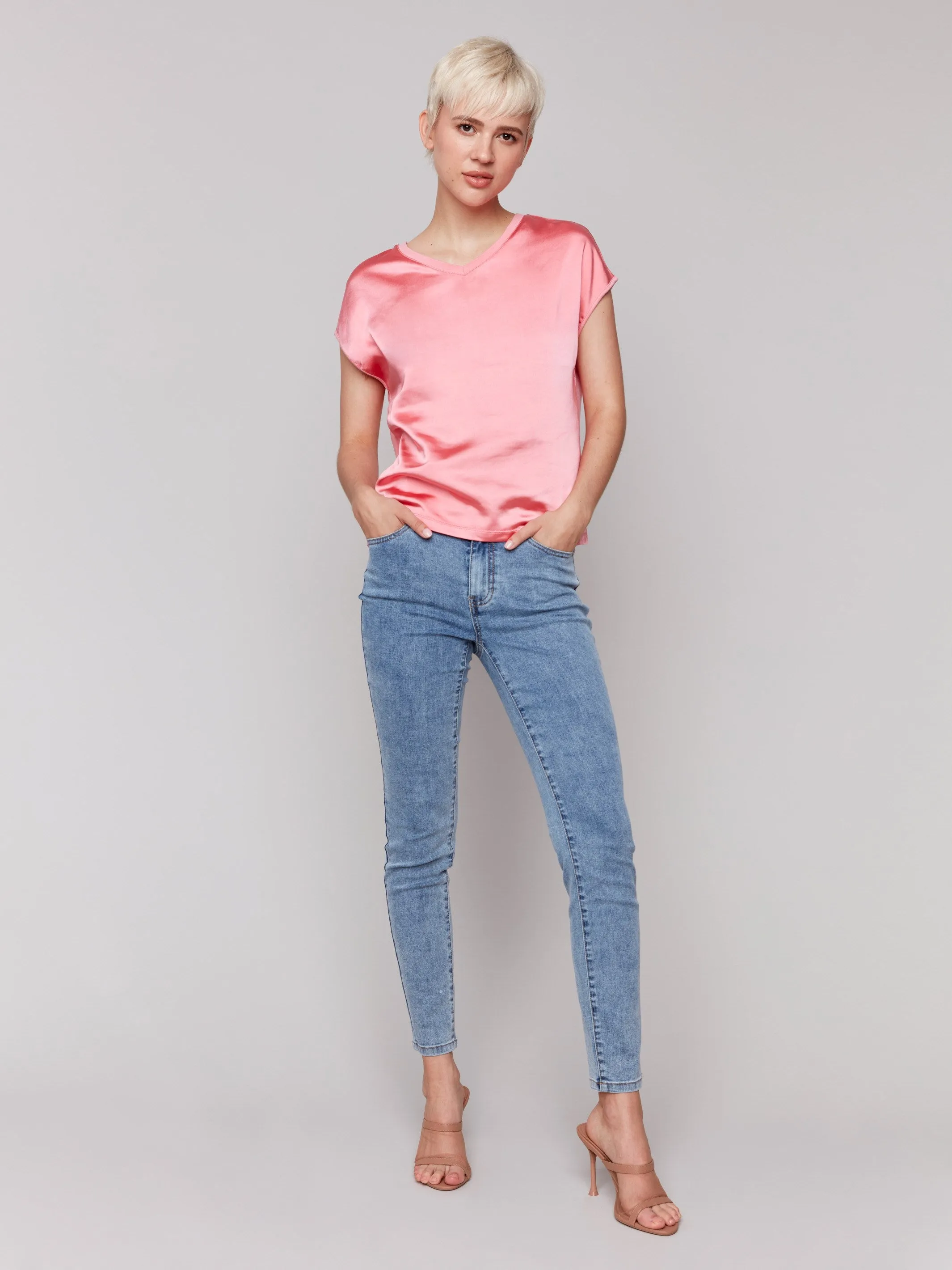 Satin V-Neck Knit Top - Watermelon