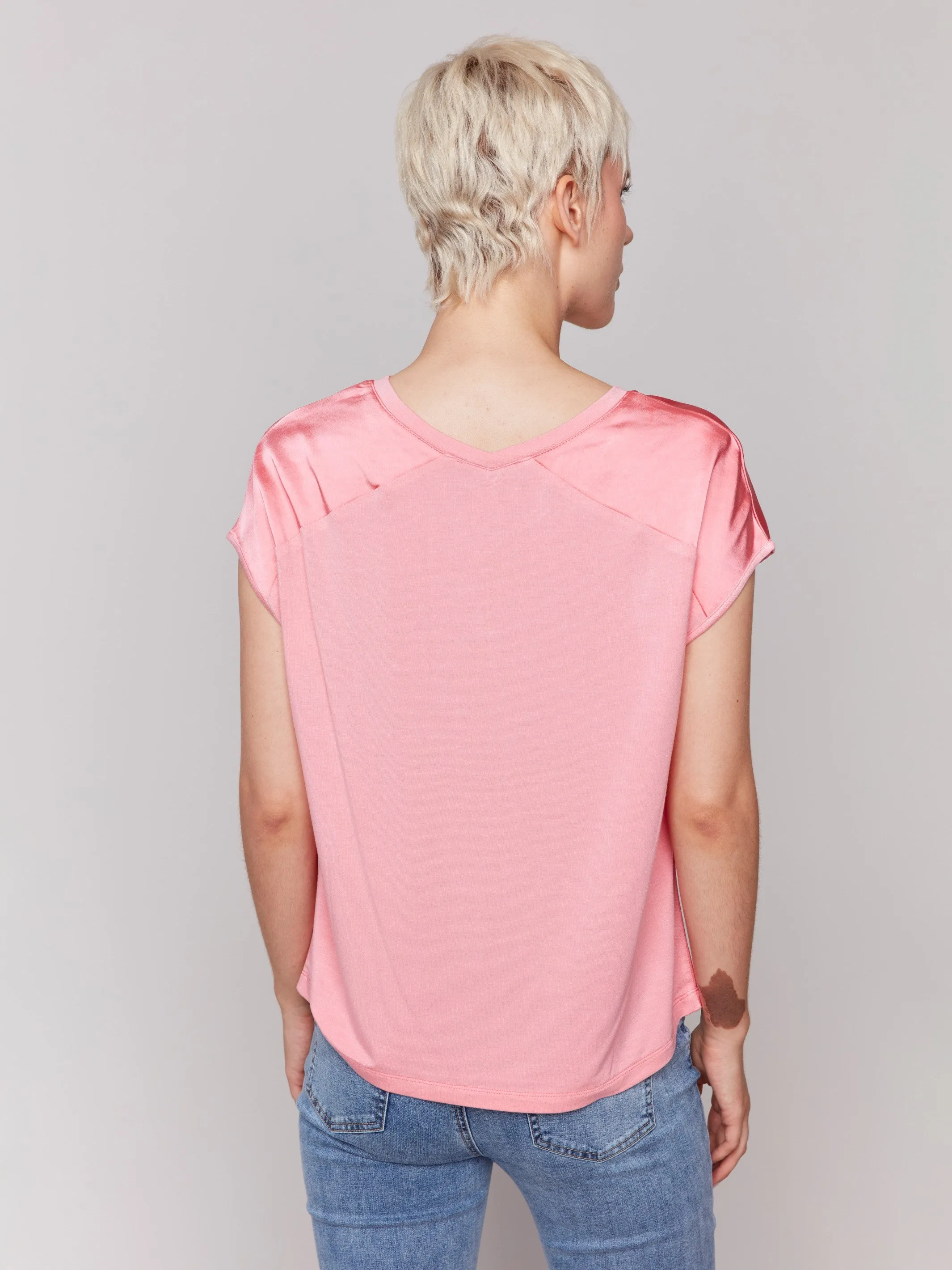 Satin V-Neck Knit Top - Watermelon