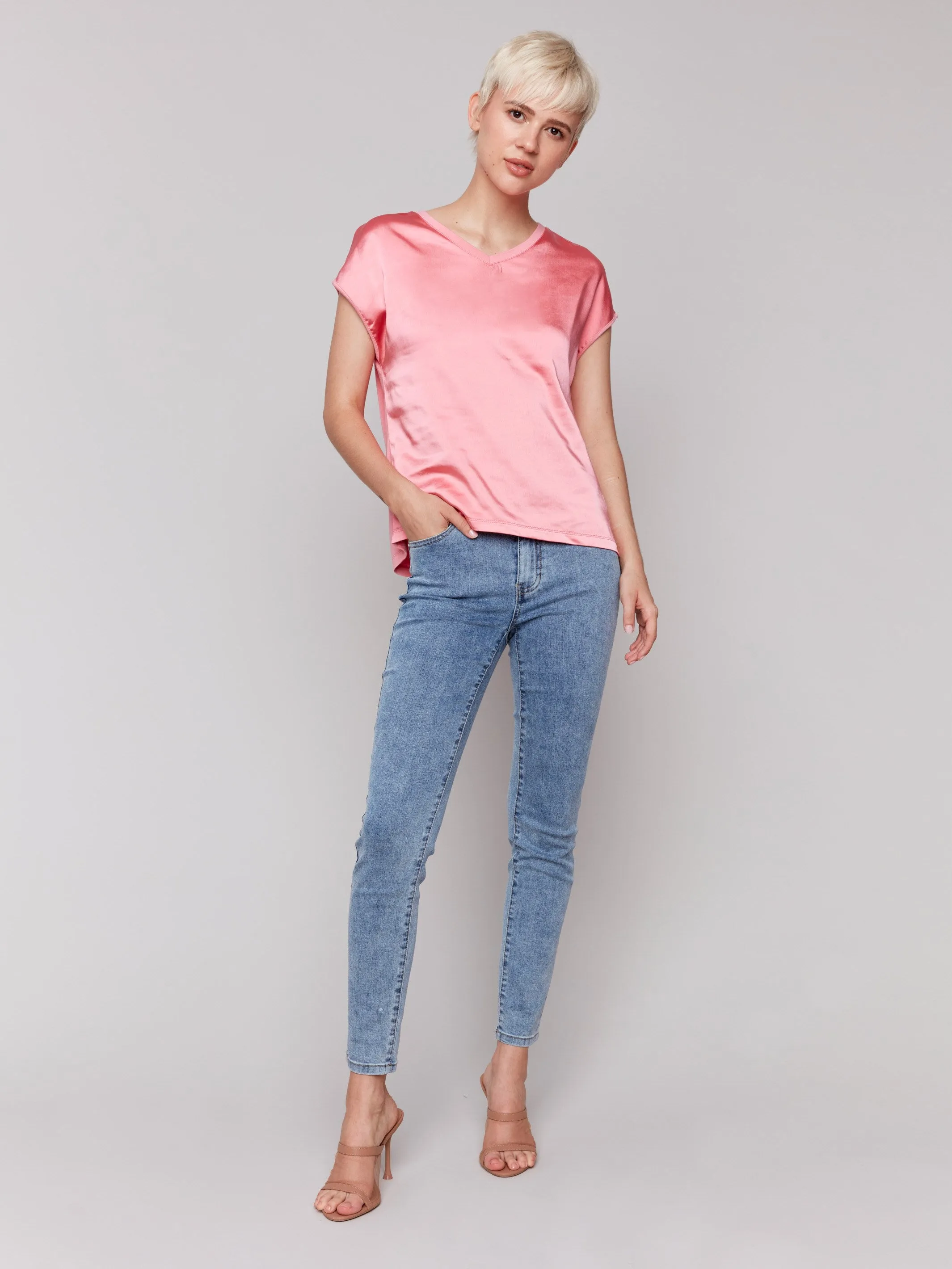 Satin V-Neck Knit Top - Watermelon