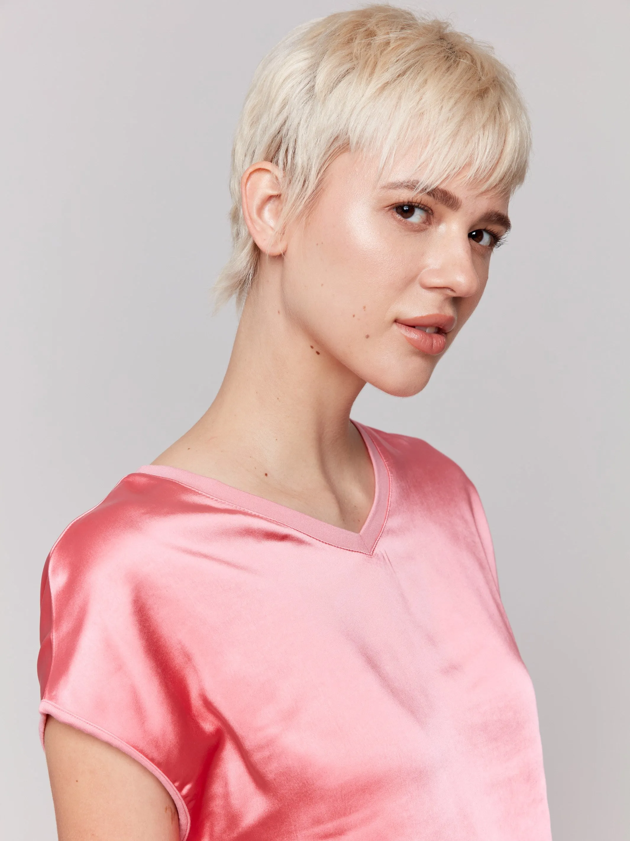 Satin V-Neck Knit Top - Watermelon
