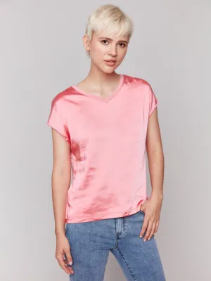 Satin V-Neck Knit Top - Watermelon