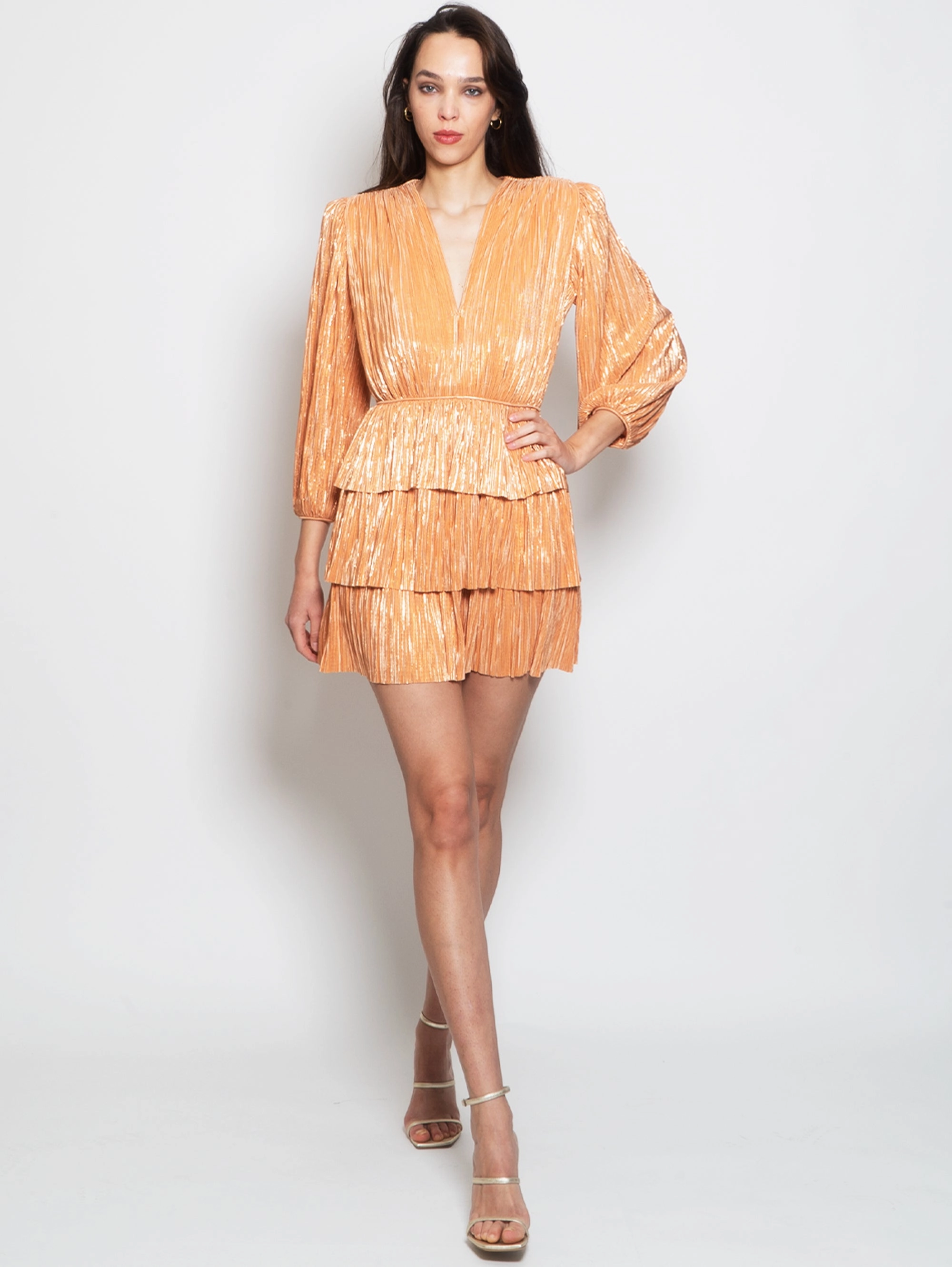 Short Sleeves Mini Dress with Peach Ruffles