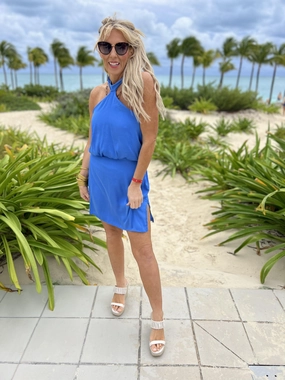 Silk Skinny Halter Mini Dress - Clean Blue - Final Sale