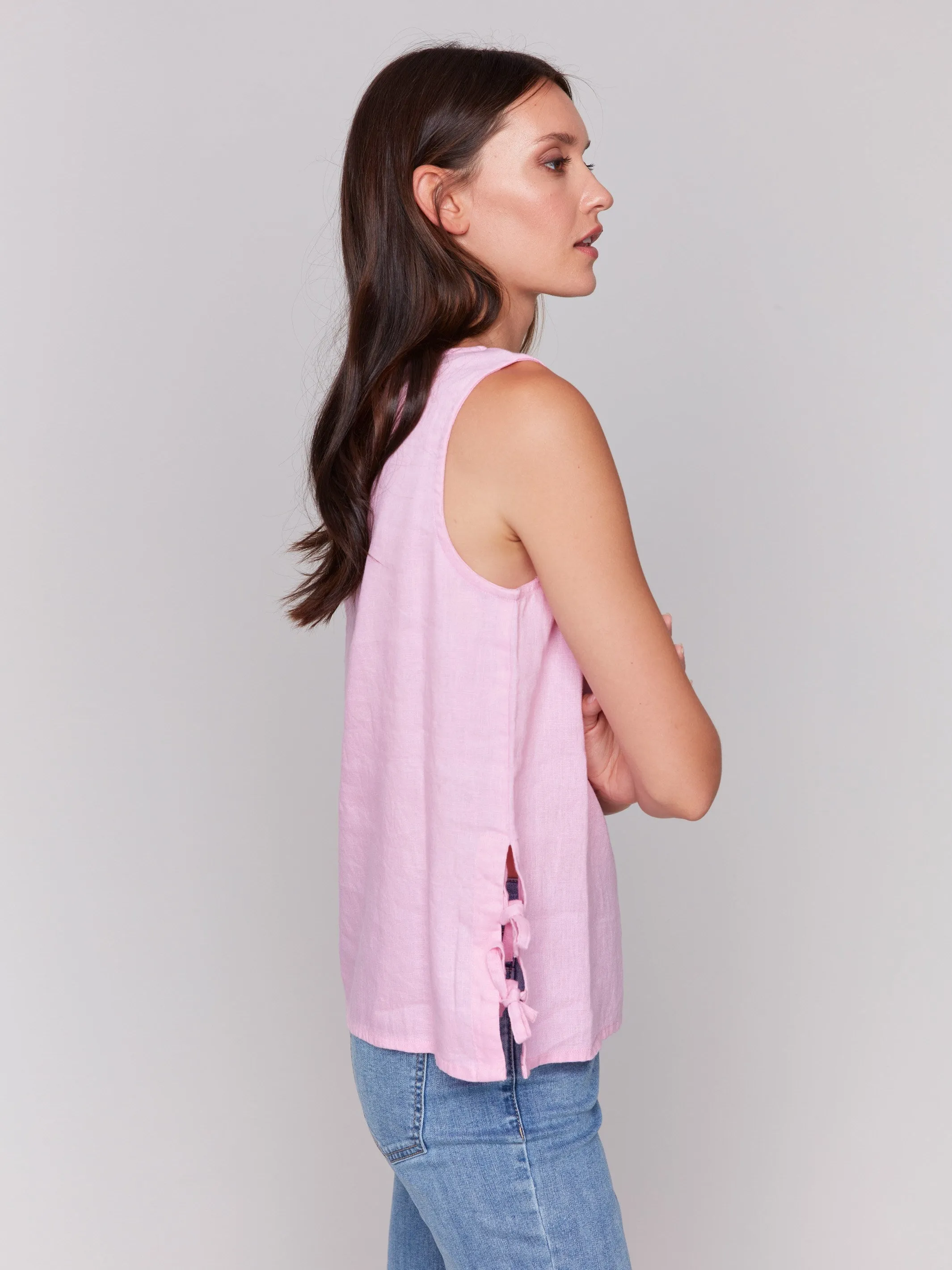 Sleeveless Linen Blend Top with Side Ties - Begonia