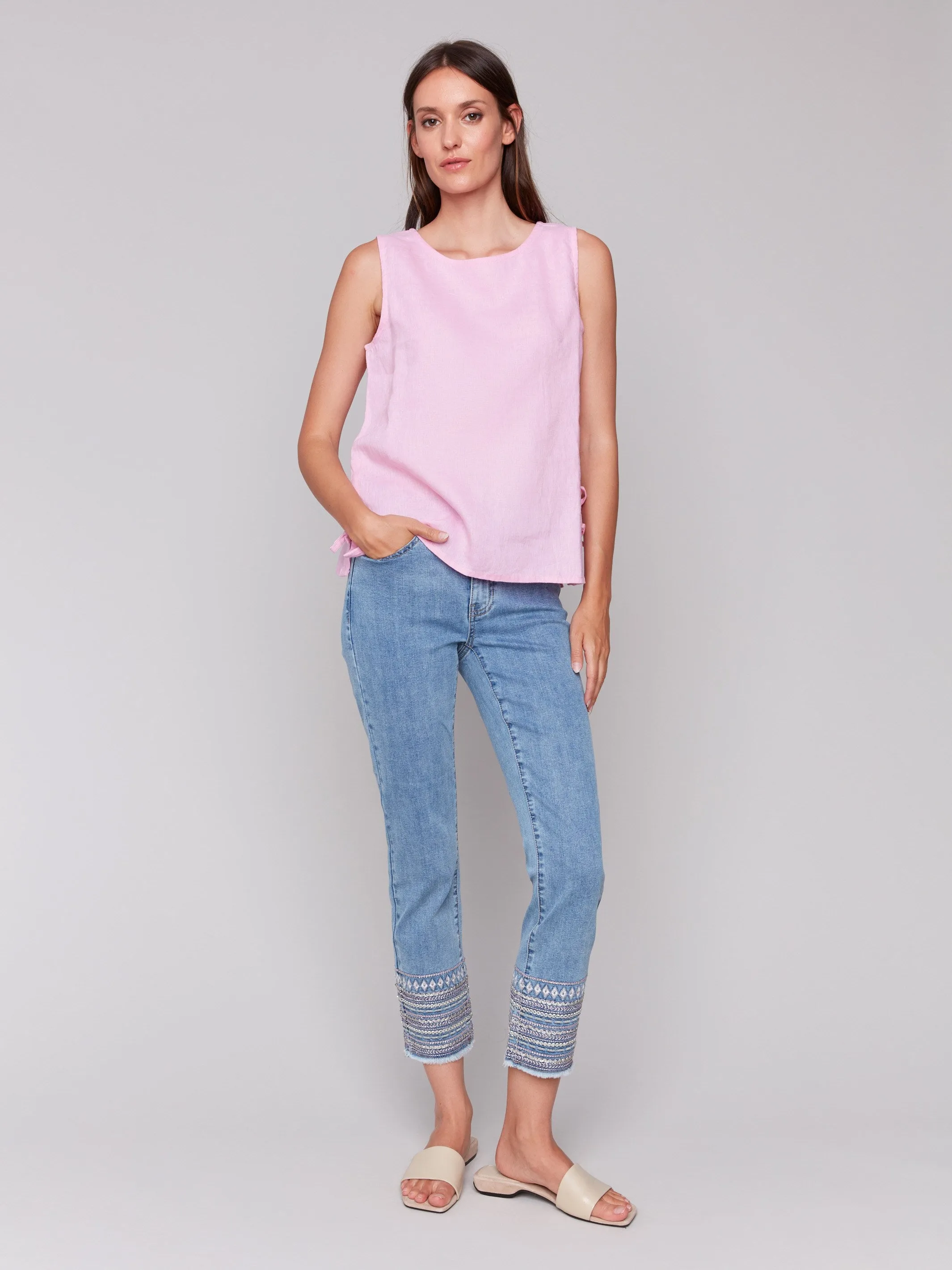 Sleeveless Linen Blend Top with Side Ties - Begonia