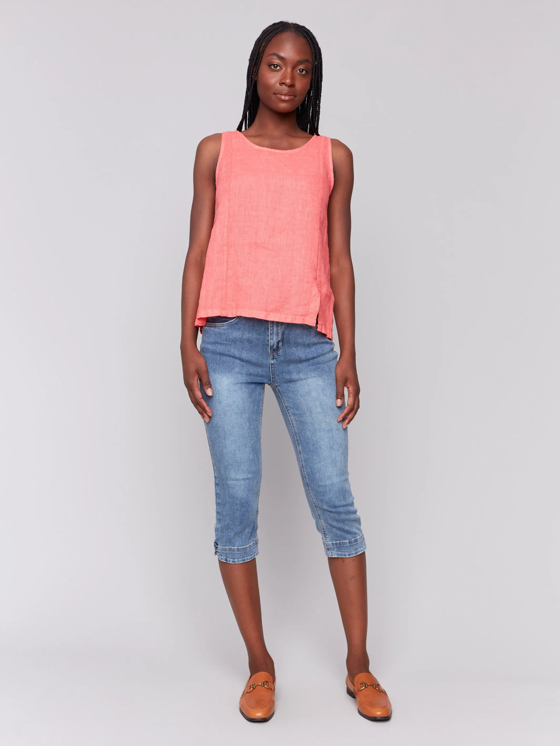 Sleeveless Linen Top with Slit - Watermelon