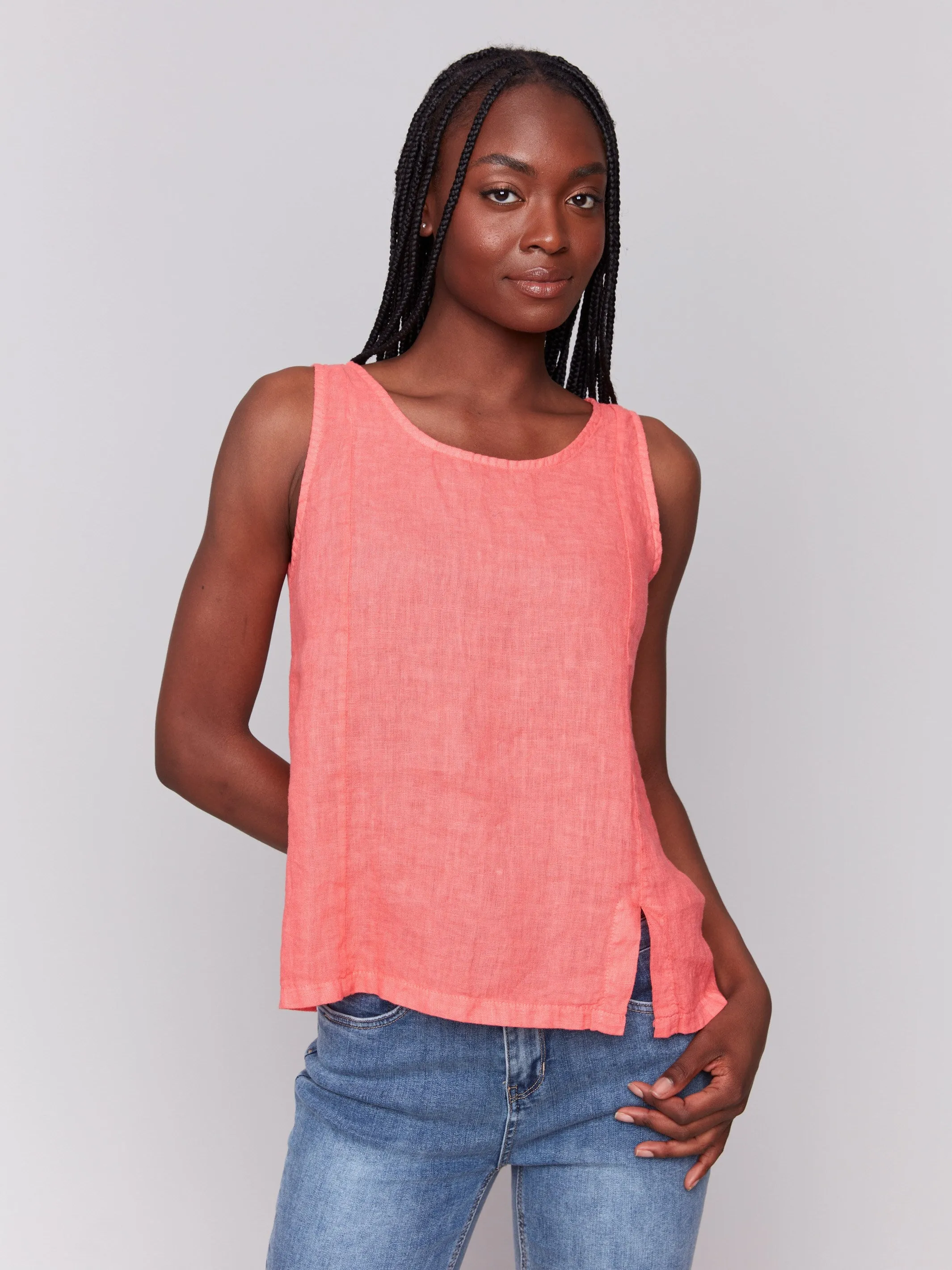 Sleeveless Linen Top with Slit - Watermelon