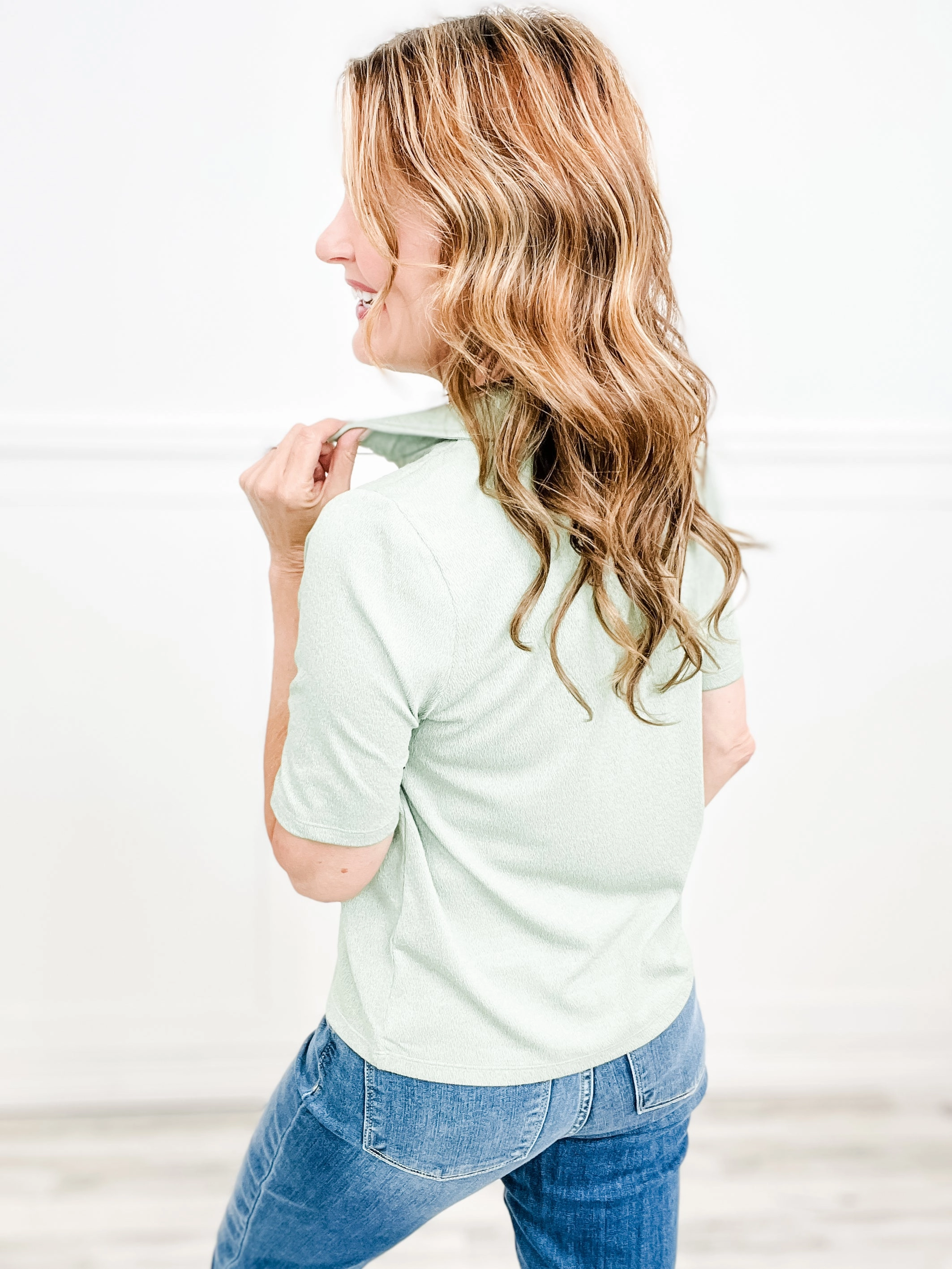 Touch Of Class Collared Stretch Fabric Short Sleeve Top