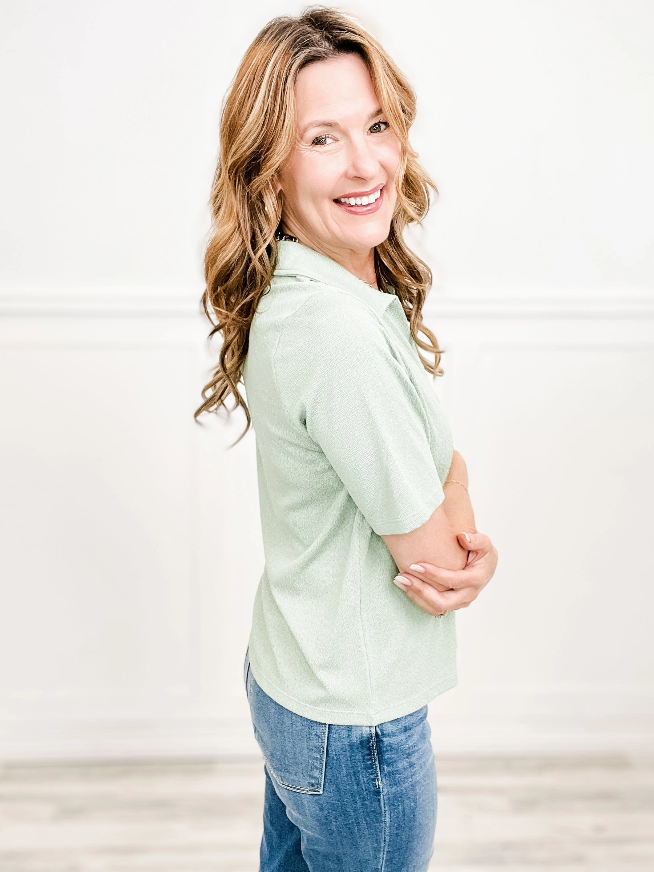 Touch Of Class Collared Stretch Fabric Short Sleeve Top