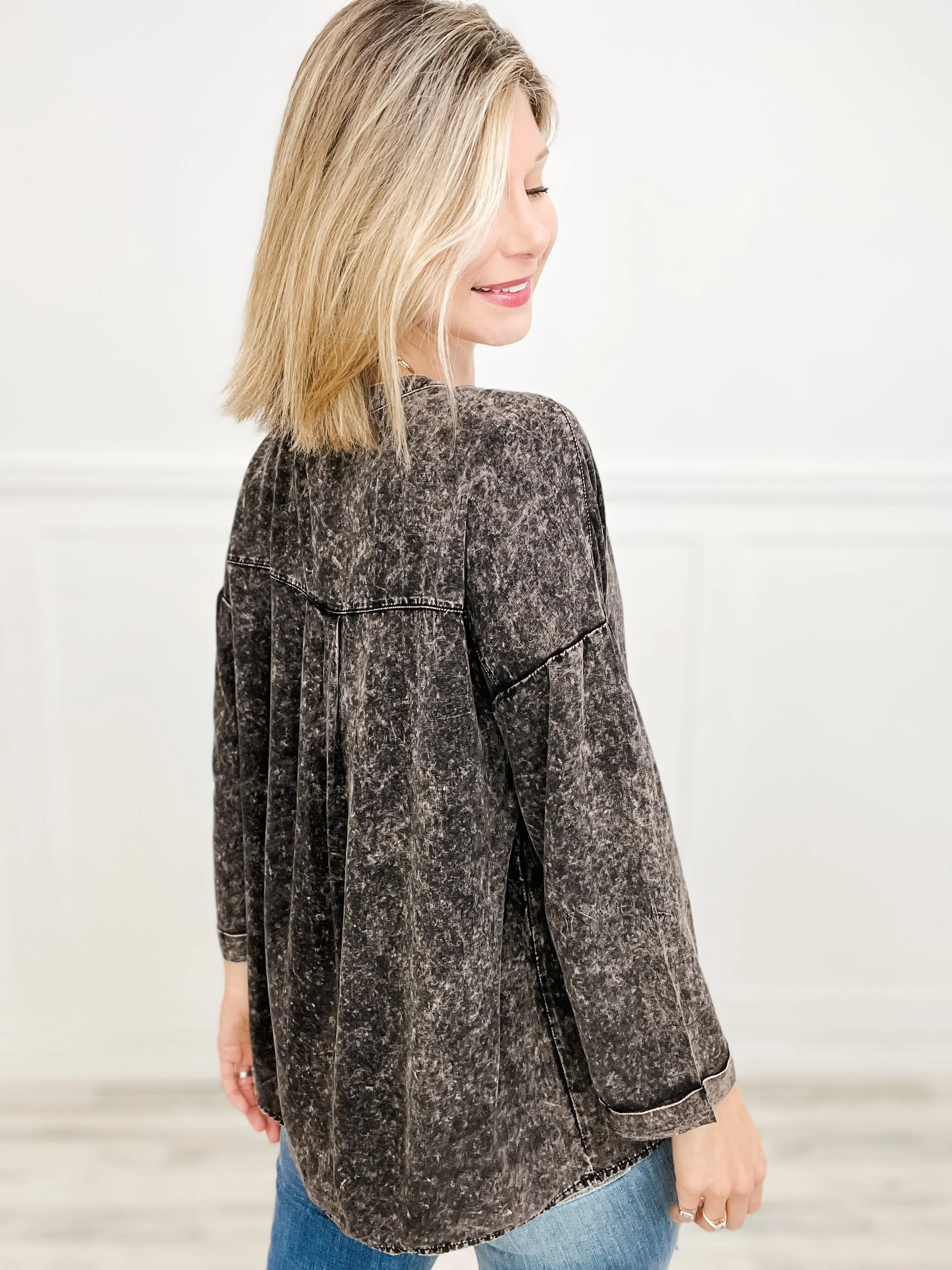 Vintage-Wash Oversized Top with V-Neckline