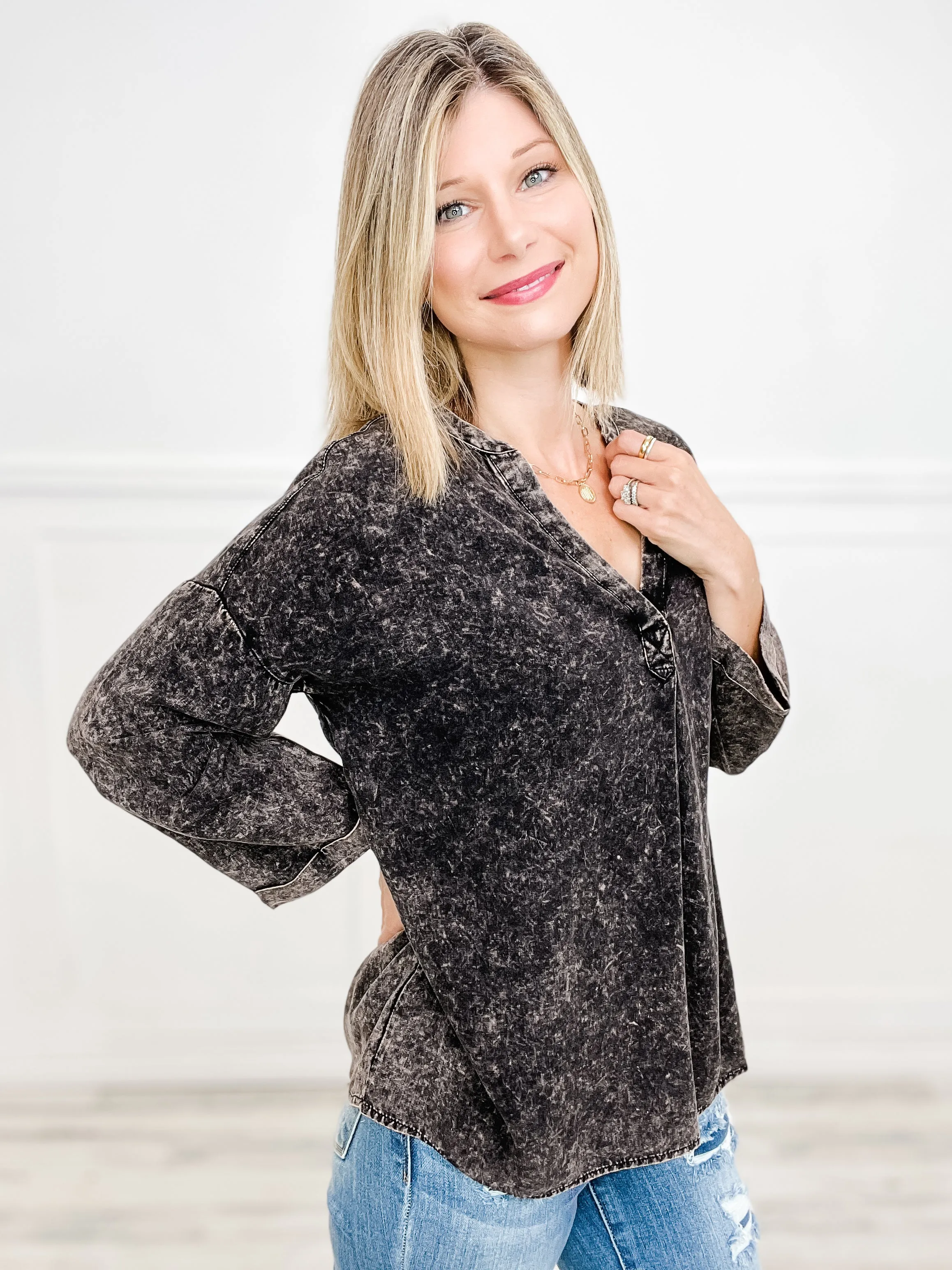 Vintage-Wash Oversized Top with V-Neckline