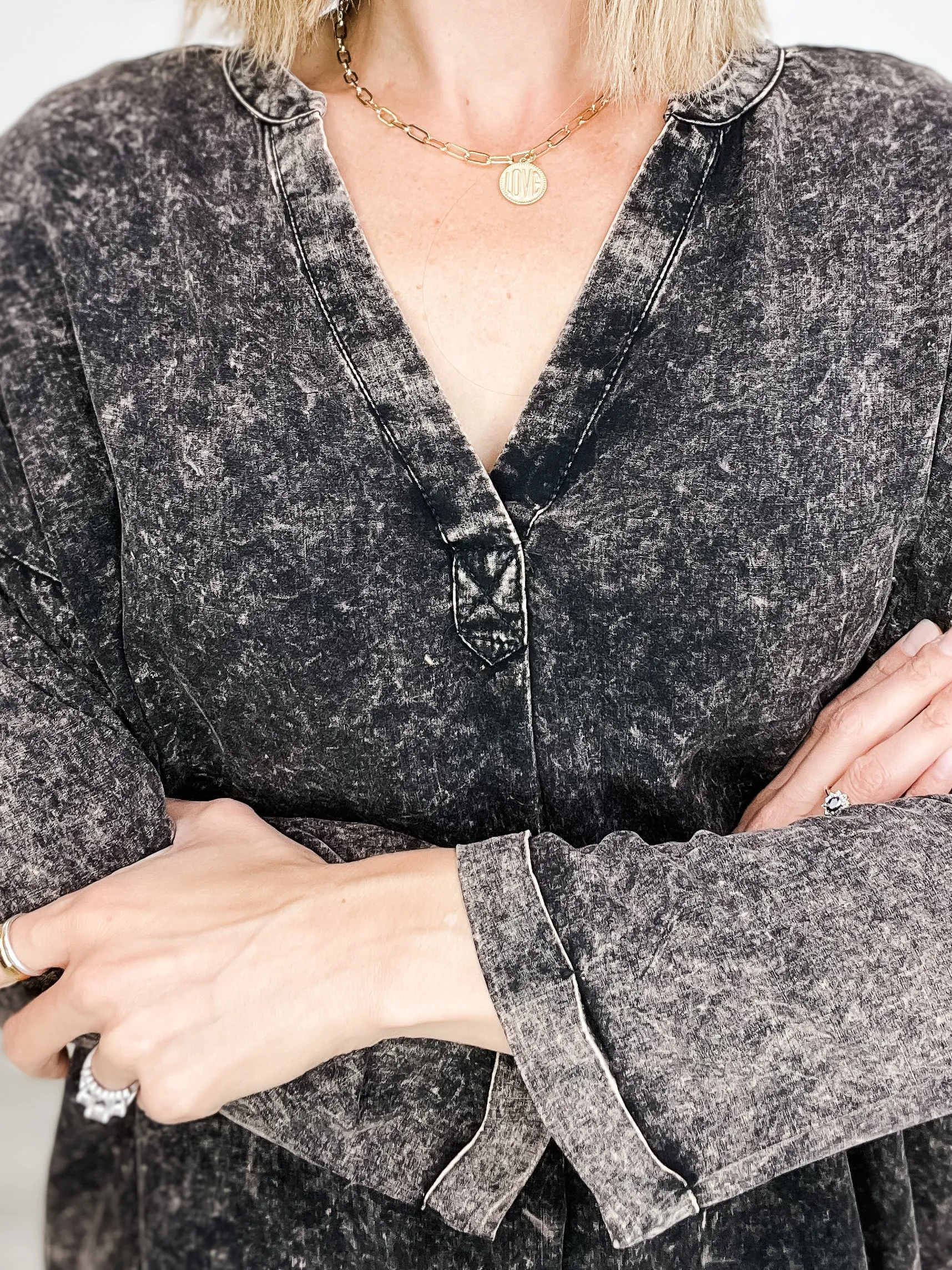 Vintage-Wash Oversized Top with V-Neckline