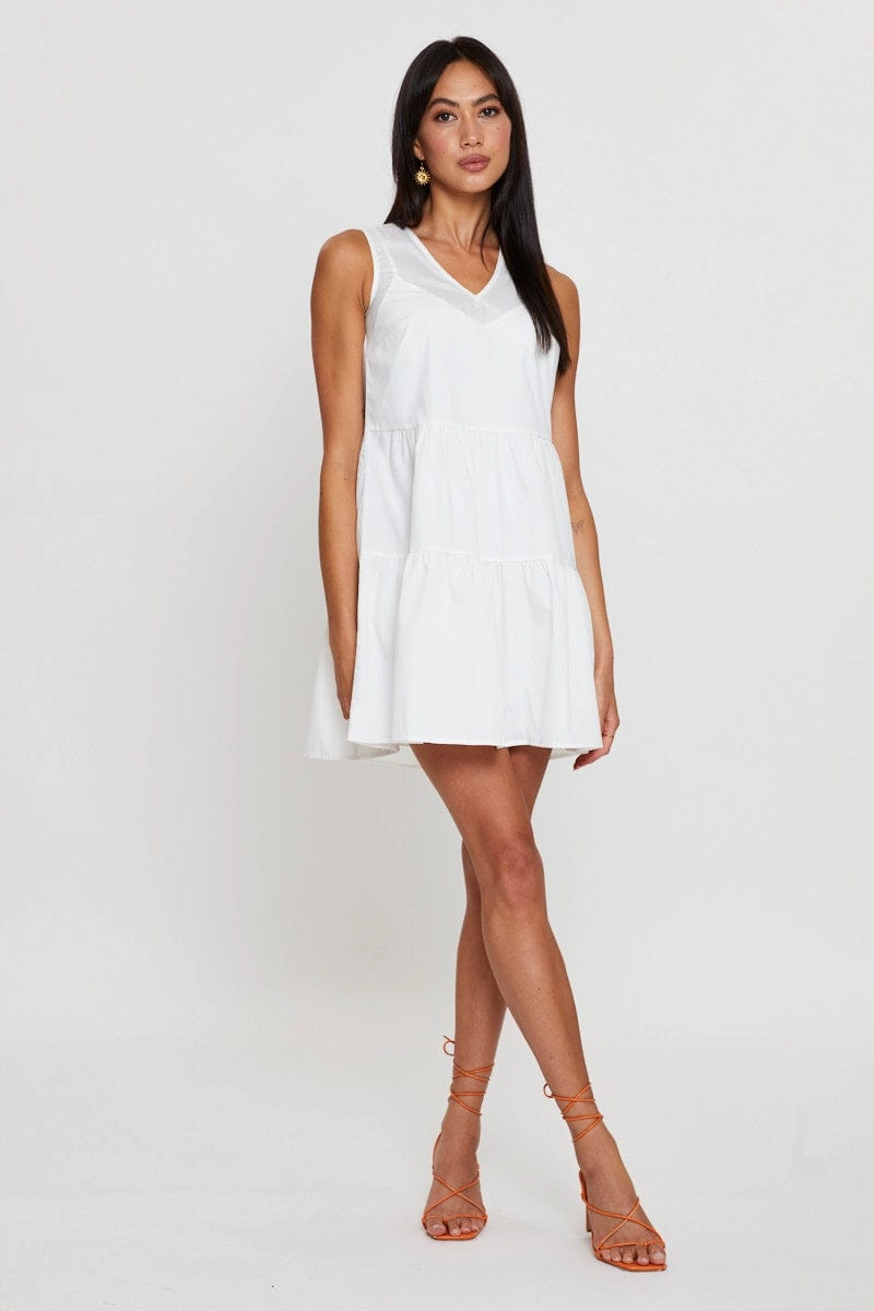 White A Line Dress Mini V Neck