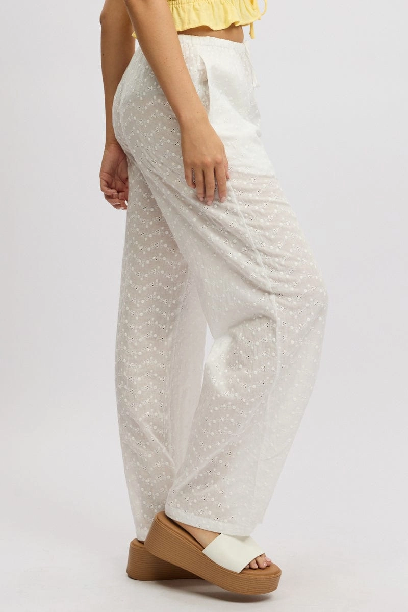 White Wide Leg Pants High Rise Eyelet Fabric