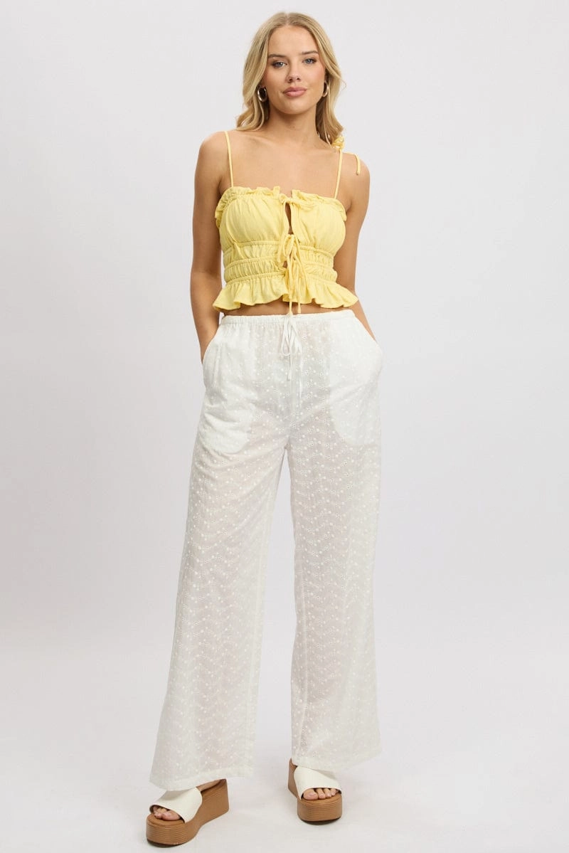 White Wide Leg Pants High Rise Eyelet Fabric